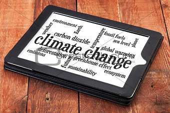 climate change word cloud on tablet