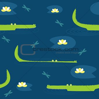 Vector cute seamless pattern with hand drawn crocodiles