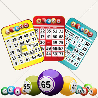 Bingo cards and set of bingo balls on white background