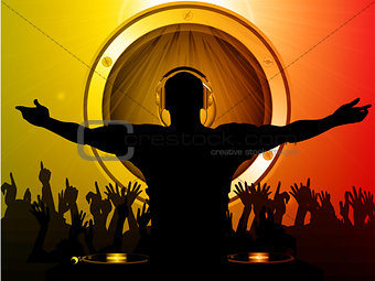 DJ and crowd with speaker background
