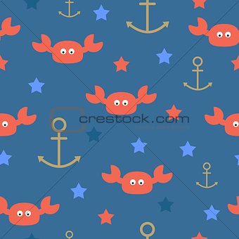 Sea crabs anchors stars seamless pattern. Vector illustration.
