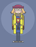 flat design line drawn girl in glasses and yellow coat holding photo camera smiling photograph illustarion