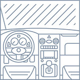 flat simple line illustration of car interior view - window, whell, panel, pedals
