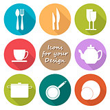 Round icons set of kitchen utensil in color