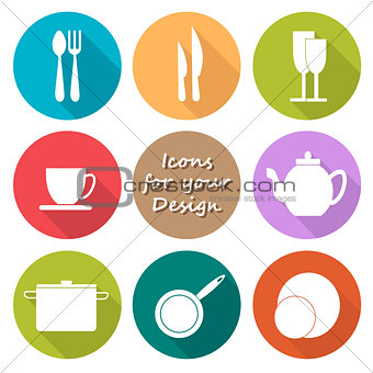 Round icons set of kitchen utensil in color