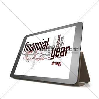 Financial year word cloud on tablet