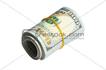 Roll of 100 dollars banknotes isolated on white
