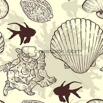 Seamless pattern with sea shells and fishes