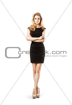 Fashion Woman in Black Dress Isolated on White