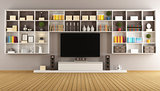 Modern lounge with bookcase and television 