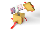 The stack of ukrainian money jumps out of a gift box on a spring