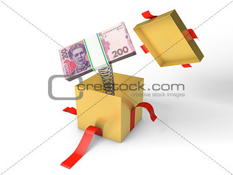 The stack of ukrainian money jumps out of a gift box on a spring