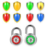 Set of Colored Shields and Padlock. Isolated on White.