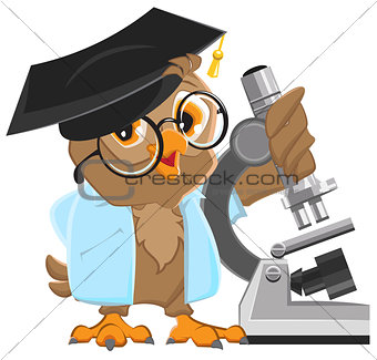 Owl professor in mortarboard holding the microscope