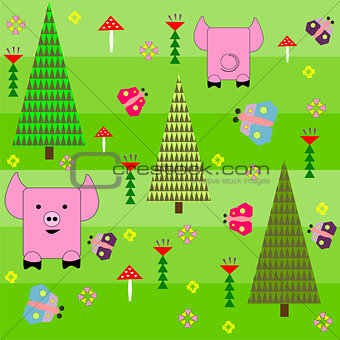 Seamless green background with a pattern of funny cartoon happy pink pig