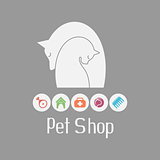 Cat and dog tender embrace, pet shop logo and what they needs