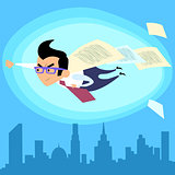 Businessman superhero flying over the city contract deal