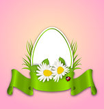 Easter paper egg with flowers daisy, grass, butterfly and ribbon
