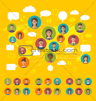 Social network concept on world map with people icons avatars