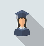 Flat icon of female graduate in graduation hat, minimal style wi