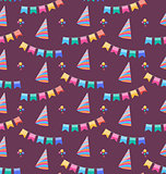 Seamless Holiday Pattern with Colorful Buntings and Party Hats