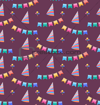 Seamless Holiday Pattern with Colorful Buntings and Party Hats
