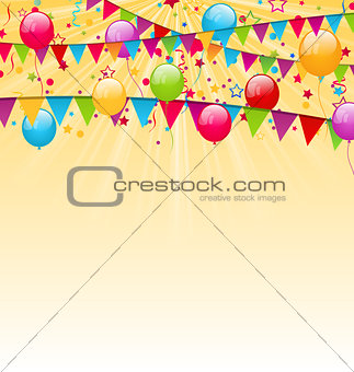 Holiday background with colorful balloons, hanging flags and con