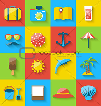 Flat icons of holiday journey, summer pictogram, sea leisure, co