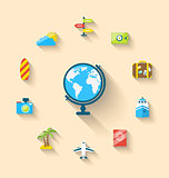 Flat set icons of globe and journey vacation, simple style with 