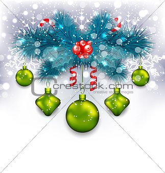 Christmas traditional decoration with fir branches, glass balls 