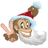 Monkey in Santa hat showing two fingers - gesture victory. Symbol 2016.