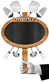 Food Menu - Blackboard with Hand of Waiter