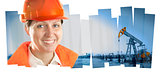 Engineer woman in an oil field. Collage composition.