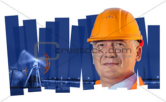 Engineer in an oil field. Collage composition.