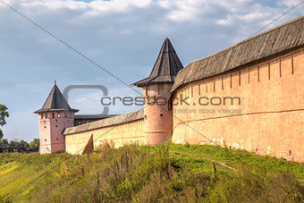 Walls and towers of monastery Saint Euthymius in Suzdal, Russia