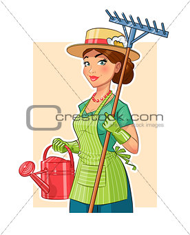Gardener girl with rake and watering can