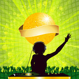 female DJ with disco ball and banner