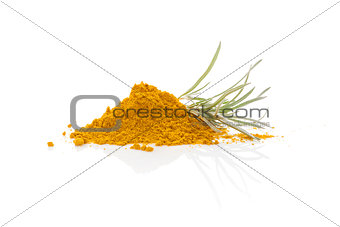 Curry plant and curry spice isolated on white background.
