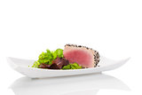 Delicious tuna steak with salad.