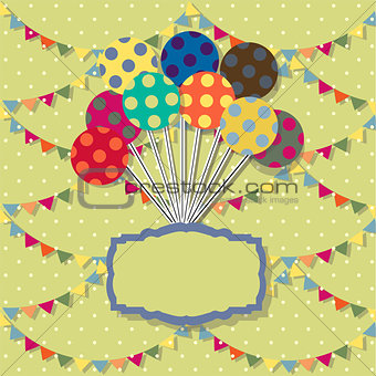 Happy birthday card. Celebration  background with balloon, colored carnival caps and place for your text. vector illustration