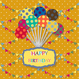 Happy birthday card. Celebration  background with balloon, colored carnival caps and place for your text. vector illustration