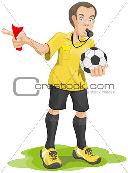 Soccer referee whistles and shows red card.