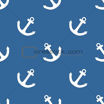 Tile sailor vector pattern with white anchor on navy blue background