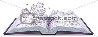 Meadow, River, bridge and trees in pages of an open book. Conceptual illustration
