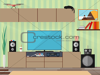 Living room with furniture and long shadows. Flat style vector illustration.