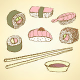 Sketch sushi rolls in vintage style