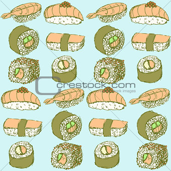 Sketch sushi rolls in vintage style