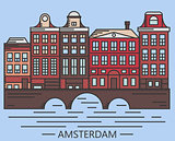 Old Amsterdam Holland houses on bridge set vector line drawn illustration
