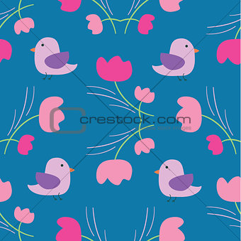 seamless summer tiny floral with bird pattern on blue background