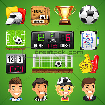 Realistic Vector Icons Set on the Theme of Soccer